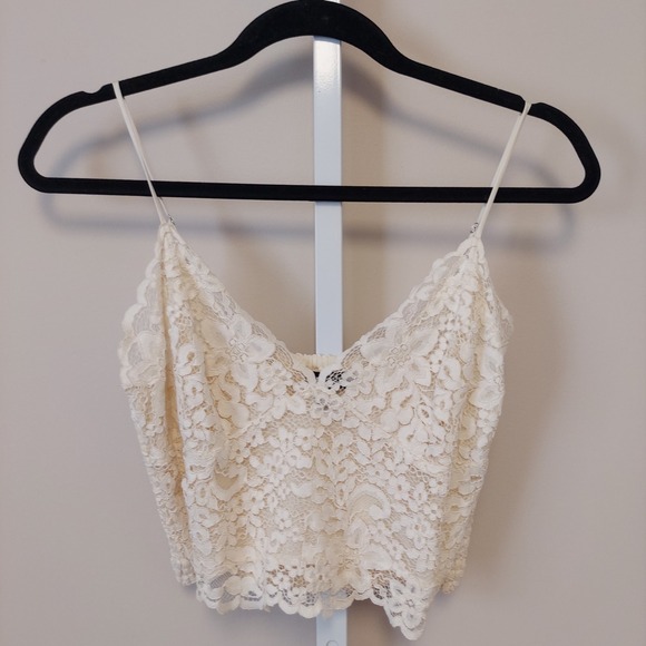 Express Tops - Express Cream Lace Smocked Cropped Cami Tank Top Cottage Coquette‎ Cottage Fairy